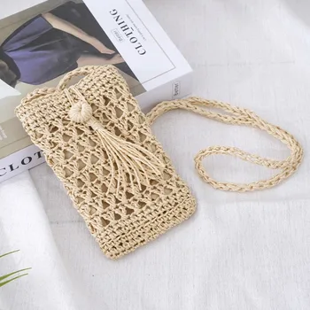 Nuova Borsa a Tracolla Stile Boho, Mini Formato, Piccola Borsa Quadrata Intrecciata a Mano, Pochette per Cellulare Beige Kaki, Uso Casual