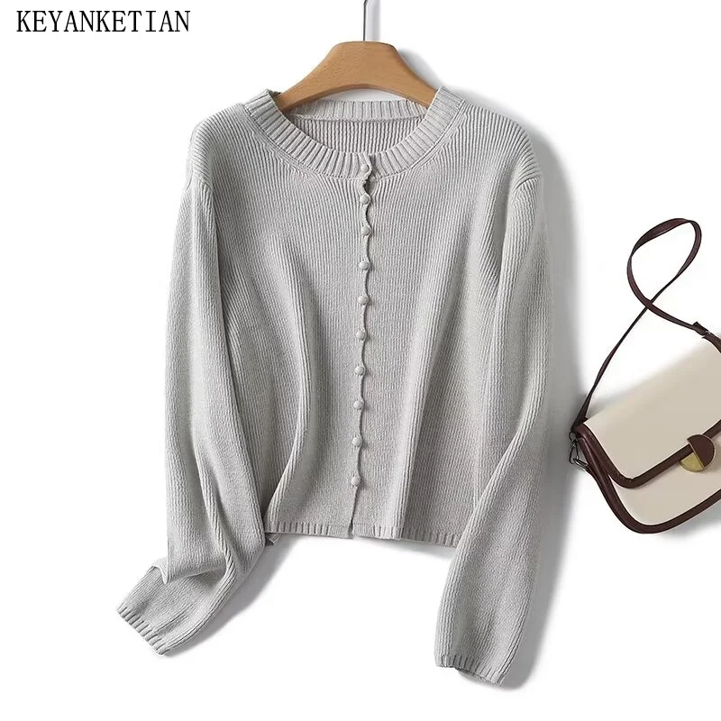 

KEYANKETIAN 2024 New Launch Women's Button Decoration Knit Cardigan Spring Elegant Stylish Light Grey O-Neck Long Sleeve Sweater