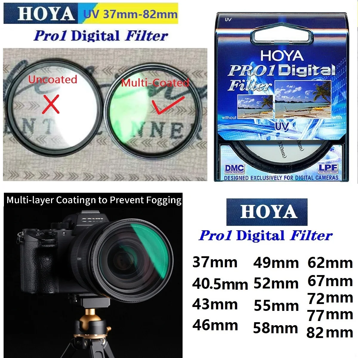 

HOYA UV Filter 37_40.5_43_46_49_52_55_58_62_67_72_77_82mm DMC LPF Pro 1D Digital Multi Coated Lens for Nikon Canon Sony Camera