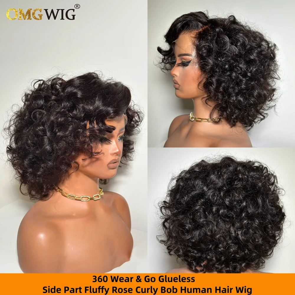 360 Lace Wear & Go Fluffy Rose Curly Wig For Black Women 5x7 Glueless Lace Side Part Short Bob Curly Human Hair Wig Brazilian