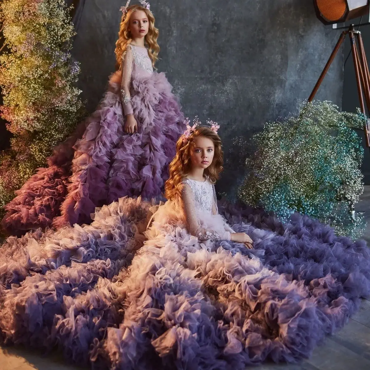 

Purple Flower Girl Dresses For Weddings A-line Scoop Tulle Ruffles Long Girls Pageant Dresses Little Kids Baby