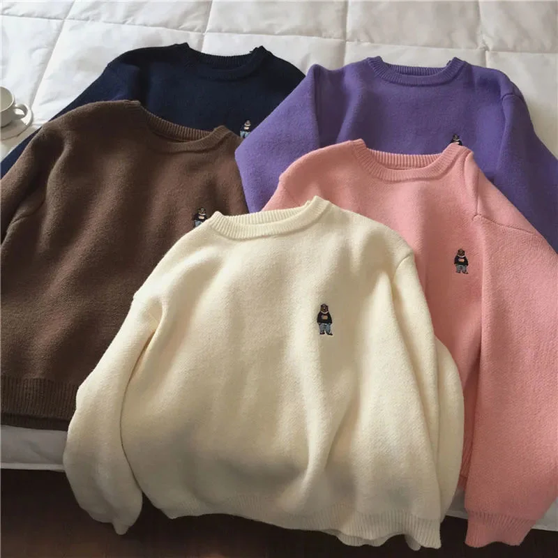 

Cute Bear Knitted Sweater Women Korean Autumn Kawaii Loose Warm Basic Long Sleeve Jumper Fashion Solid Preppy All Match Tops