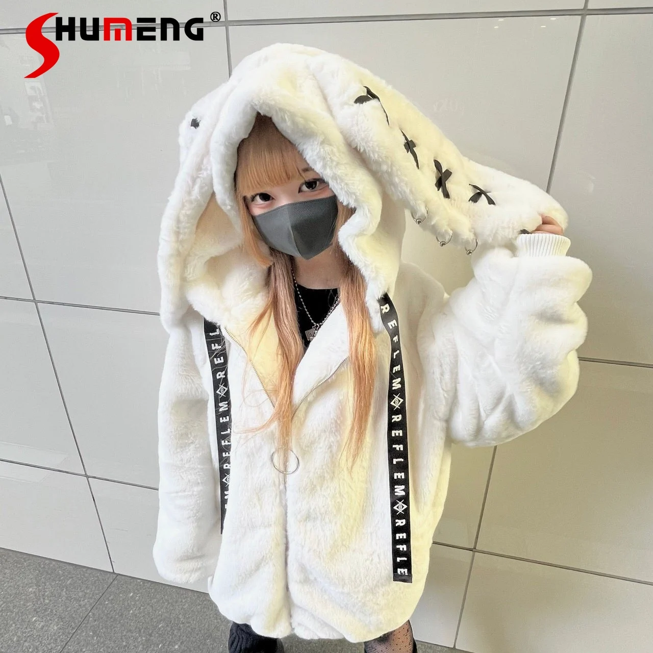 

Japanese Style Subculture Y2k Faux Fur Coat Harajuku Mine Style Cute Rabbit Ear Imitation Fur Plush Hooded Jacket Fluffy Jackets