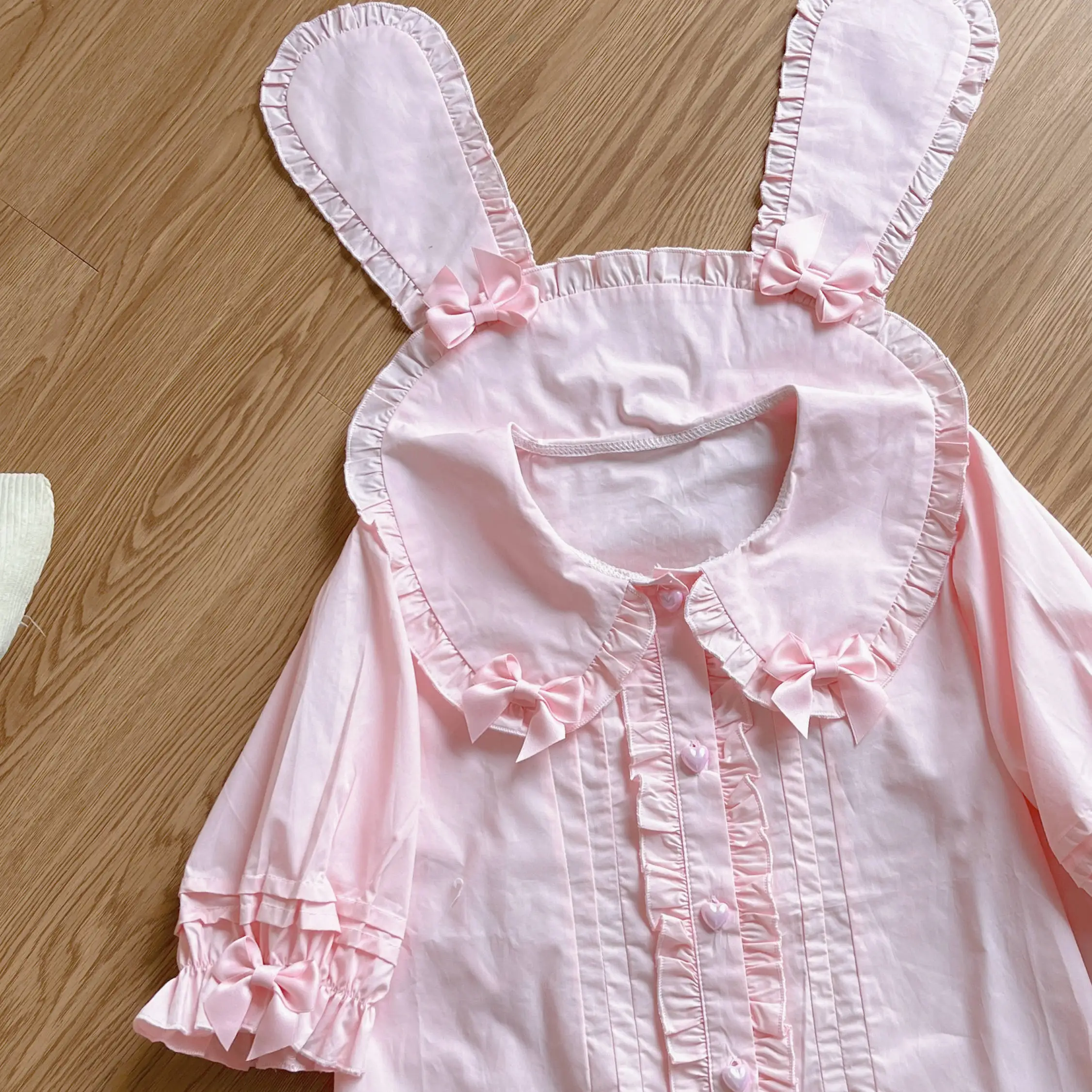 Japanese Soft Girl Sweet Cute Lolita Shirt with Bunny Bow Short Sleeved Student Top Shirt 3 Colors
