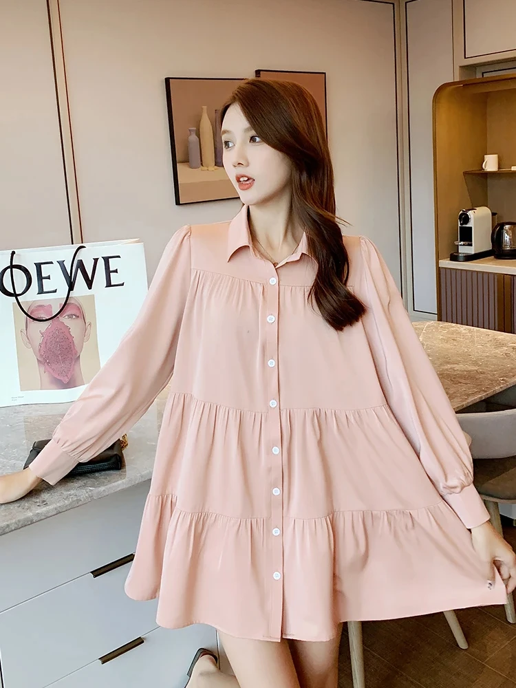 

2024 Spring Long Sleeve Maternity Loose Shirts High Waist Pregnant Woman Ball Gown Dresses Sweet Pregnancy Clothes Black Pink