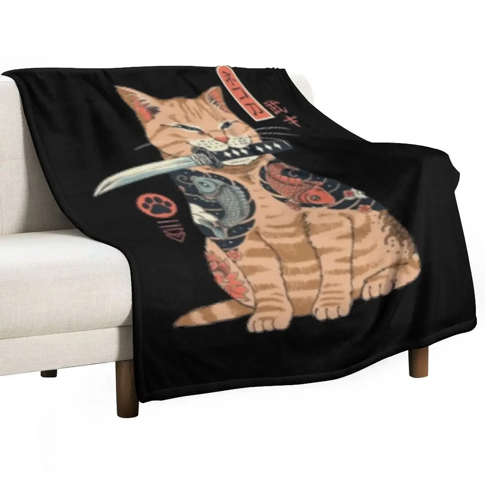 

Katana Cat Throw Blanket Flannels Moving Sofa Throw Personalized Gift Blankets