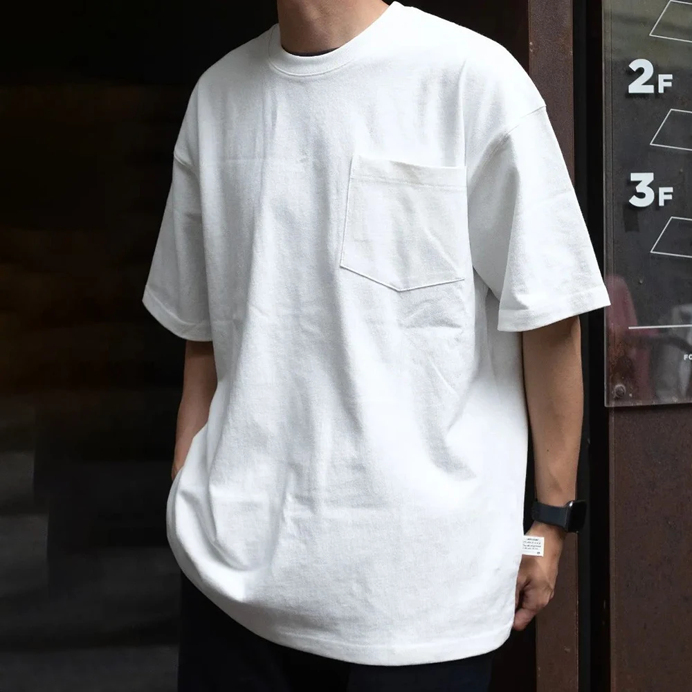 

Pure Cotton Loose Round Neck T-shirt Men's Summer Street Retro Pocket Casual Japanese Simple Solid Color Short-sleeved Top