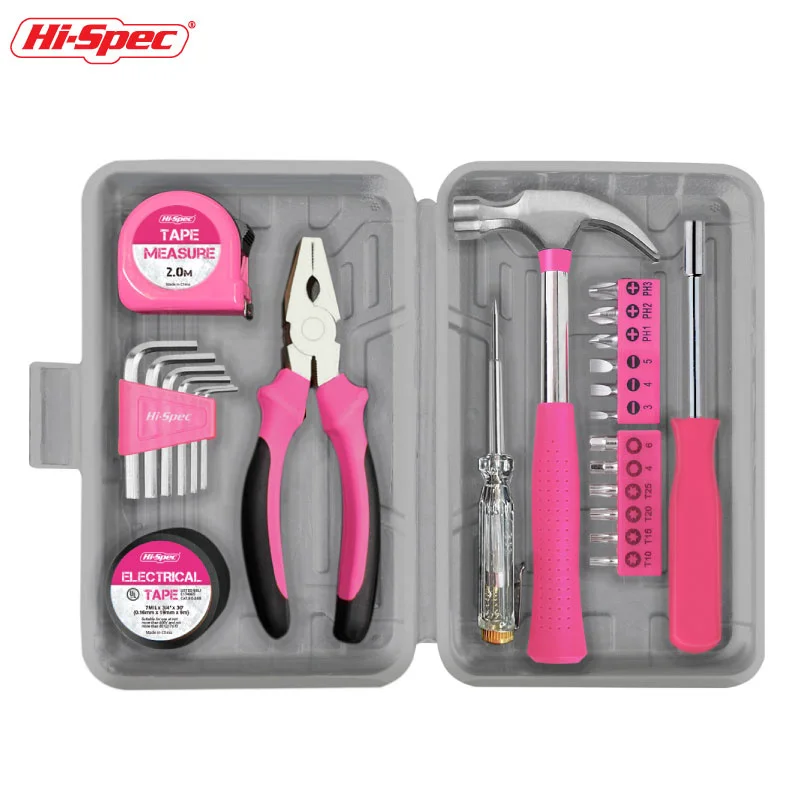 

Hi-Spec Yellow Household Tool Box Set Home Pink Multi-function Hand Repairing Tool Kit Plier Hammer Screw Tape Measure Home Tool