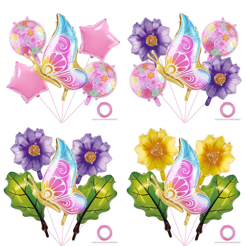 

5pcs Butterfly Flower Balloons Set Boys Girls Birthday Party Background Decorative Toy Balloons Baby Shower Star Balloons