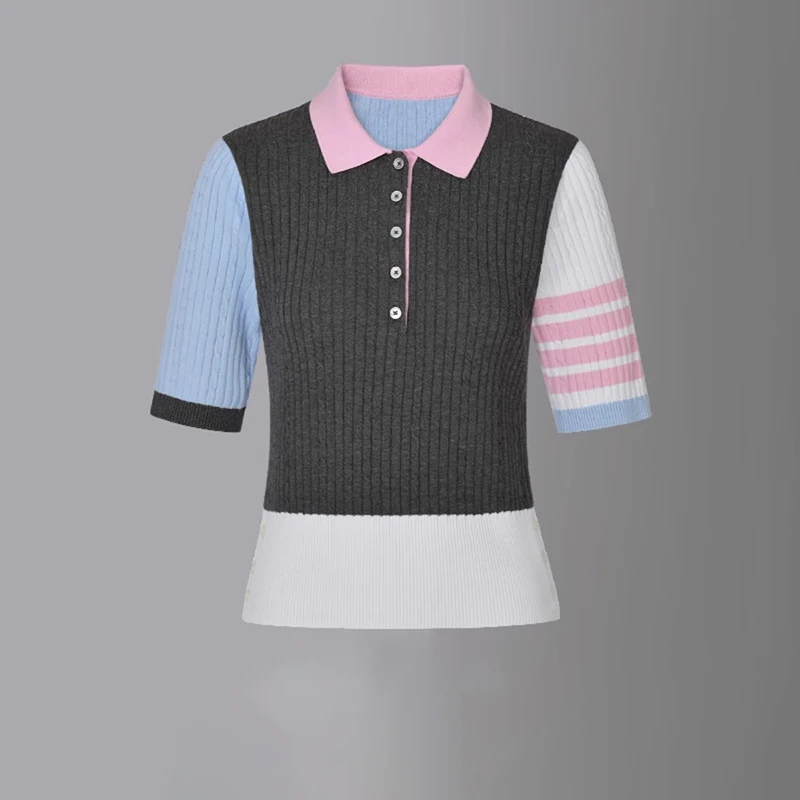 

TB THOM Women's Knitwear Fashion Casual Pink Kawaii 4-Bar Striped Design Sweaters Top Quality Wool Slim Lapel POLO Knit Pullover