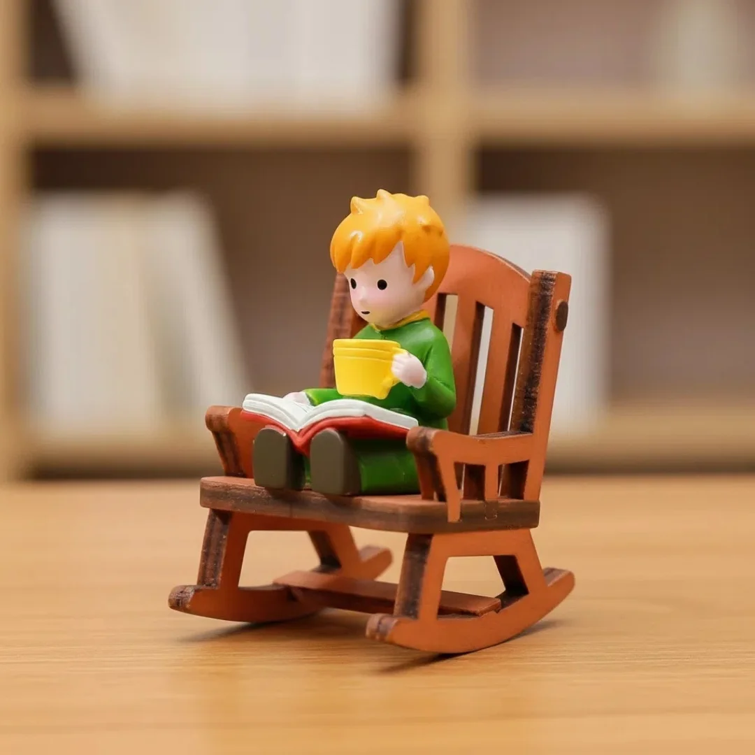 Märchenprinz Schaukelstuhl Lesebeigur Niedliche Miniatur-Desktop-Ornament für Zuhause, Büro, Regal, verträumtes Geschenk für Kinder