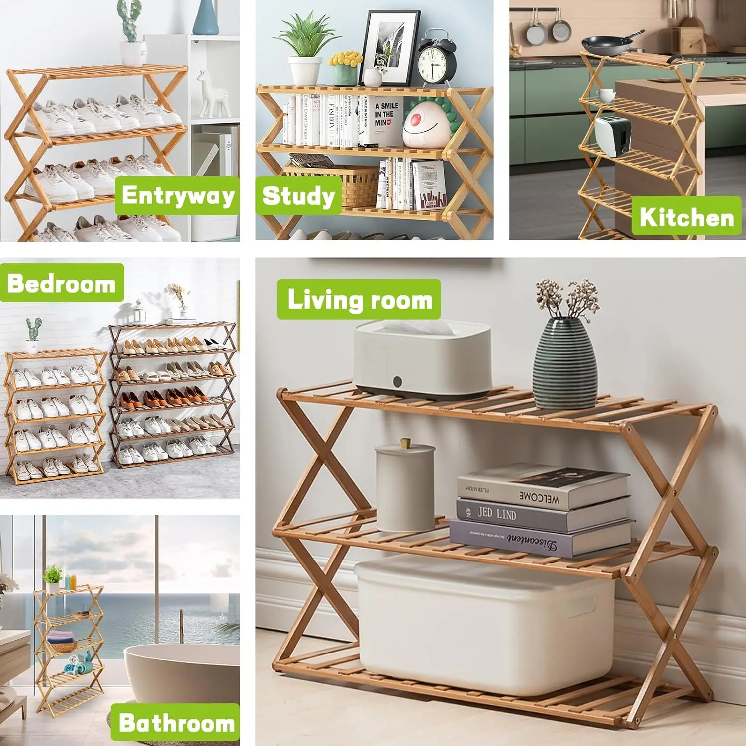 Folding Bamboo Shoe Rack - No Installation Required, Ventilated Design,(5 Tier) 3