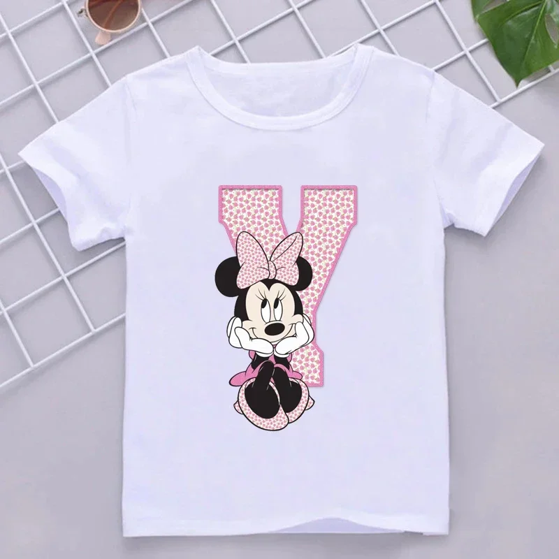 thumbnail image 1 of Camisetas de algodón para niños de Minnie, combinación de letras de la A a la Z, ropa de dibujos animados de Disney Kawaii, camisetas casuales para niños y niñas, 1 of 5