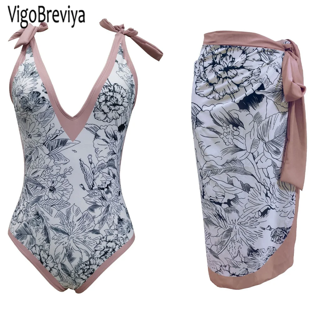 

VigoBeviya 2023 Print Tied Strapped 2 Piece Swimwear Women Sexy V Neck One Piece Swimsuit Monokini High Waist Skirt Bathing Suit