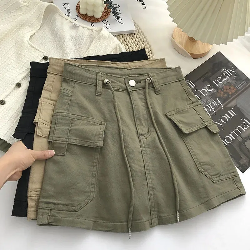 

Army Green Short Cargo Skirt Women Drawstring High Waist Mini Skirts Female Y2K Streetwear Big Pocket A-Line De Mujer