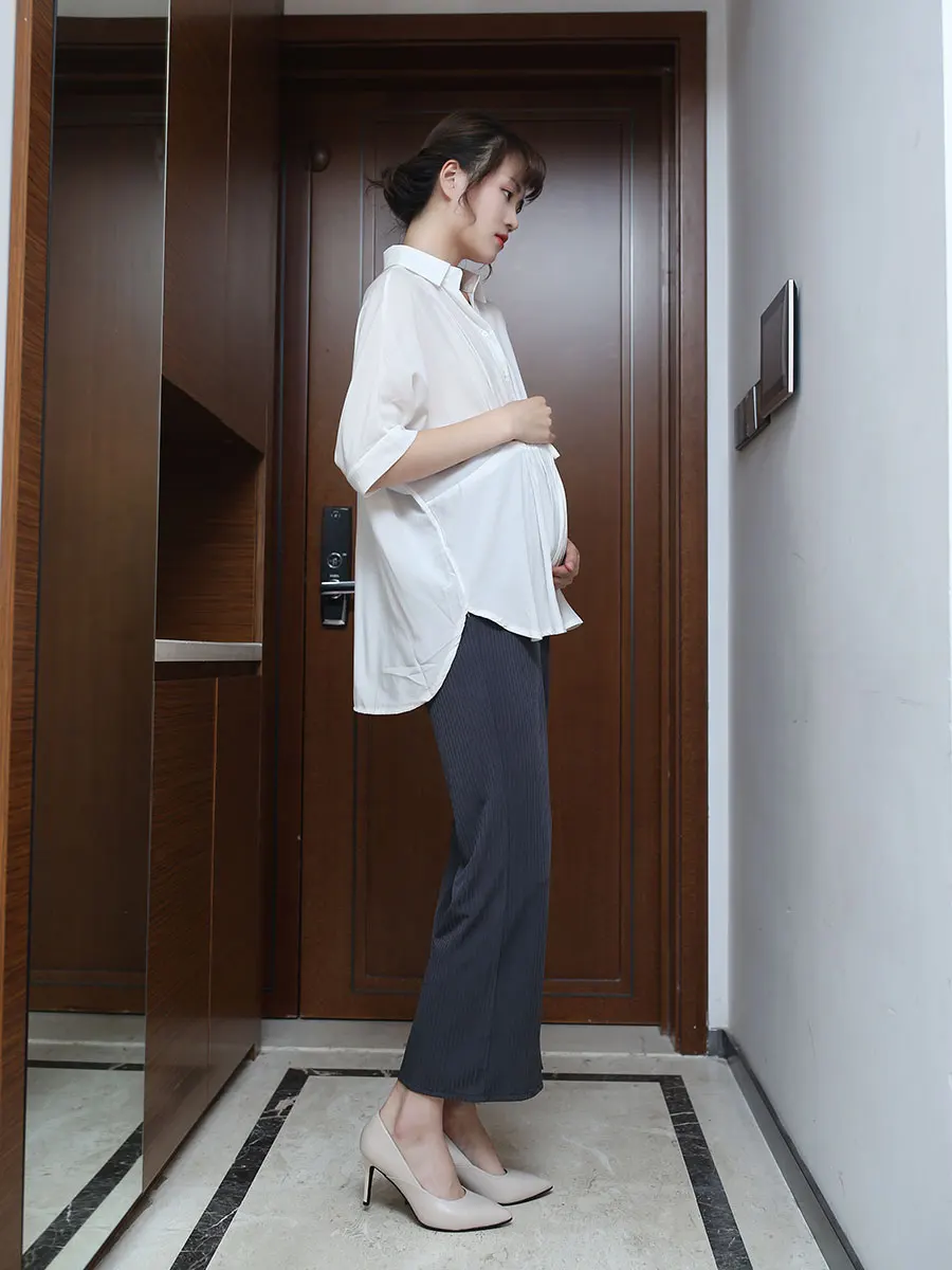 임산부 쉬폰 셔츠 한국식 루즈핏 배 가리개 통기성 좋은 인형 셔츠 패셔너블한 여름 상의 중간 길이 V넥 반팔