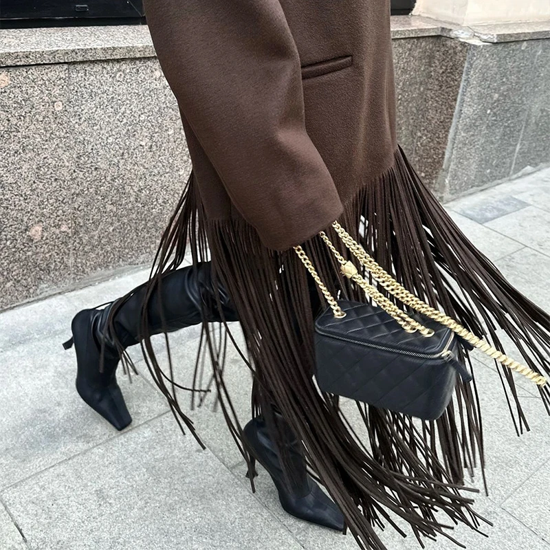 Abrigo largo de lana con borlas para mujer, chaqueta holgada de manga larga con solapa y botonadura sencilla, color marrón, primavera 2025
