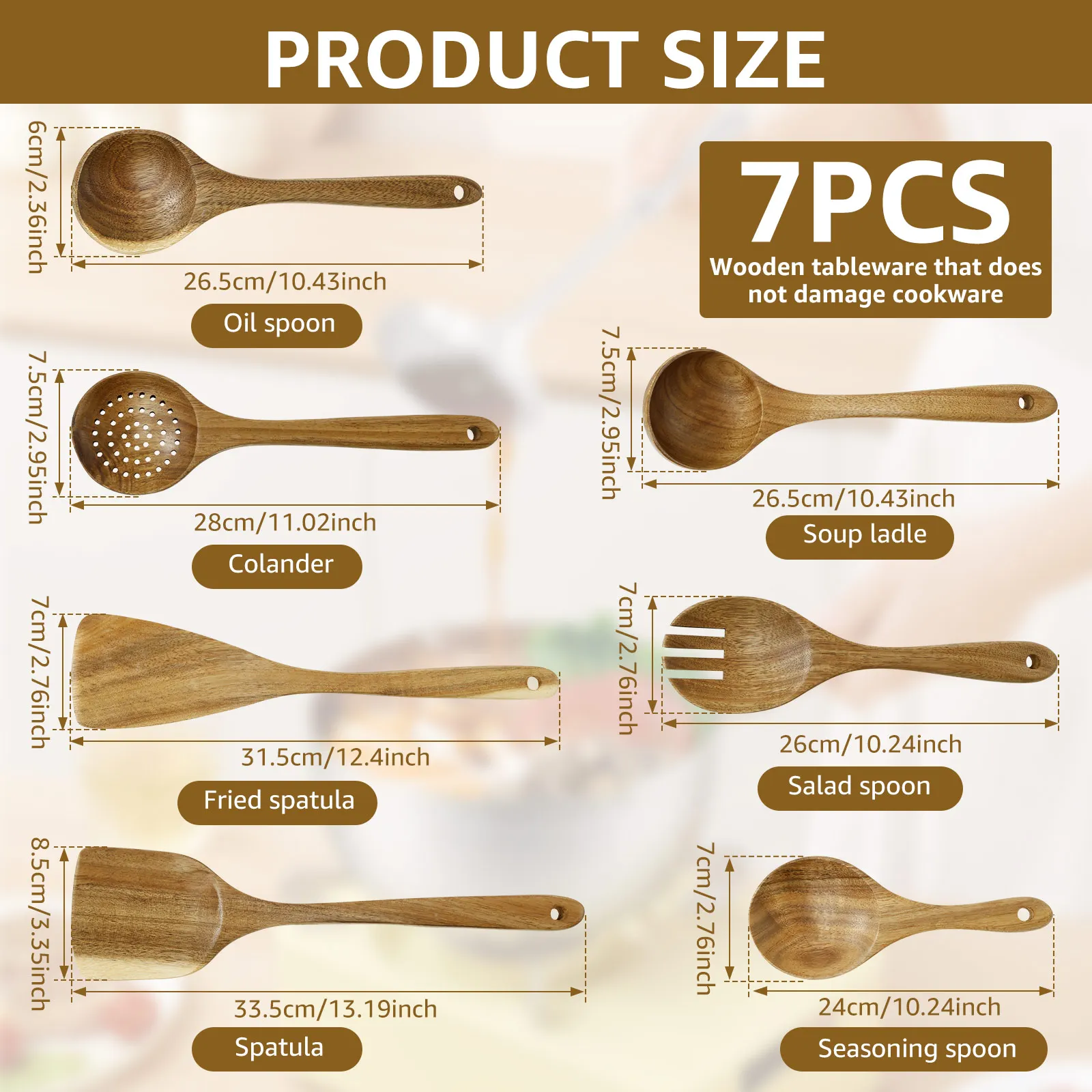 7Pcs Wood Kitchenware Non-Stick Cookware Kitchen Utensils Set Spatula Shovel Egg Beater Wooden Handle Cooking Tool Heat Resistan