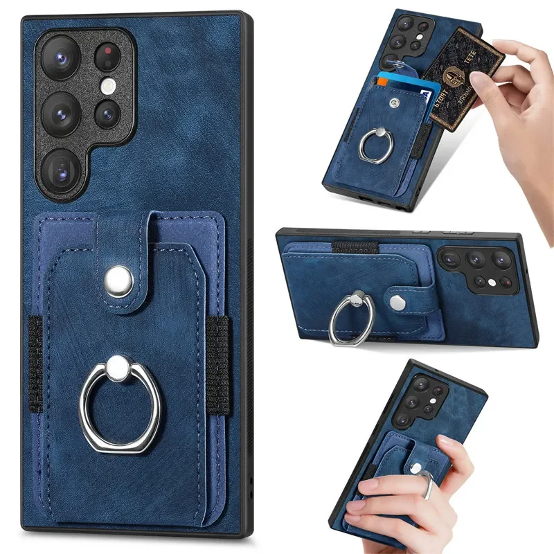 Leather Phone Case with Magnetic Car Holder and Wallet Card Back Cover