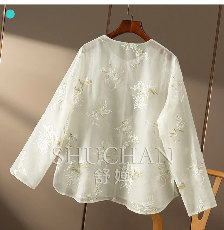 Double layered silk new Chinese style organza embroidered shirt for women 2024 new tops mujer  blusas mujer de moda verano