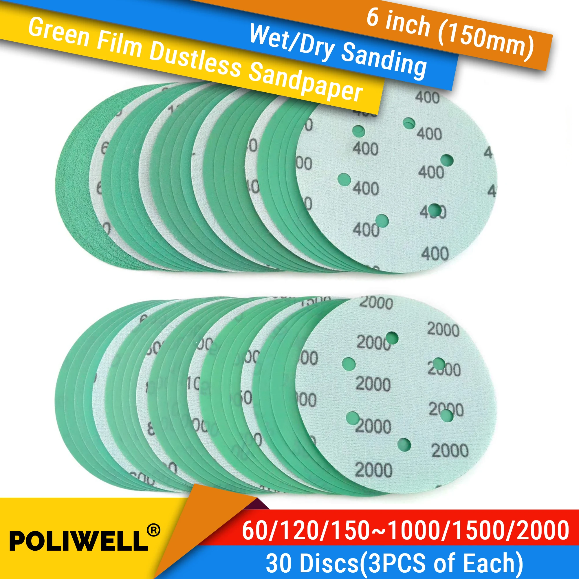 

6 Inch 6 Hole Wet Dry Sanding Discs Hook and Loop Assortment Film Dustless Sander Sandpaper for Metal Auto Polishing Finishing