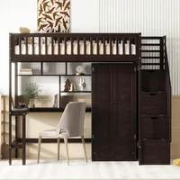 Twin Size Multifunctional Loft Bed with Wardrobe,Desk,Bookshelf and Drawers,Wood Loft Bed with Stairway Children's Wardrobes 2