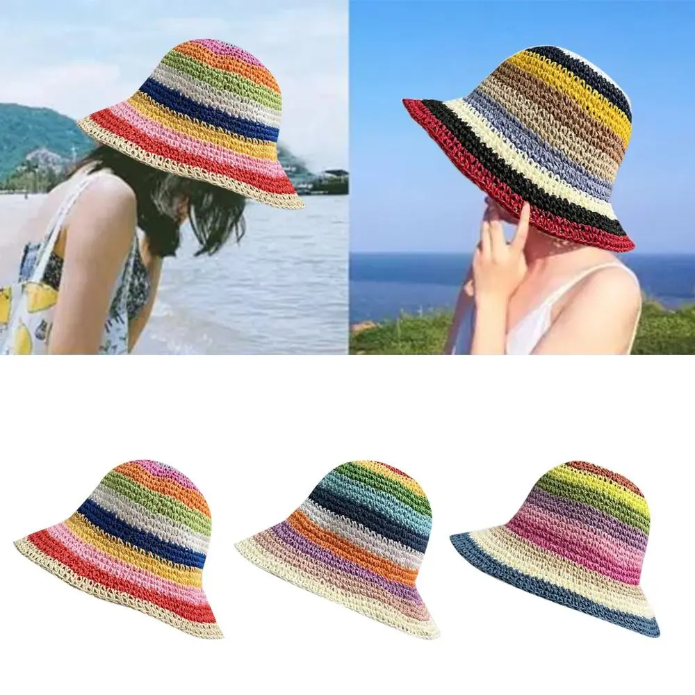 

Rainbow Color Knit Cap Casual Sunscreen Hat Foldable Bucket Hat for Summer Outdoor Beach Vacation Women