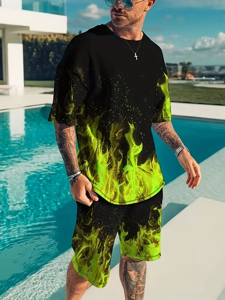 Men's Flame Graphic Sportswear Set with Shorts