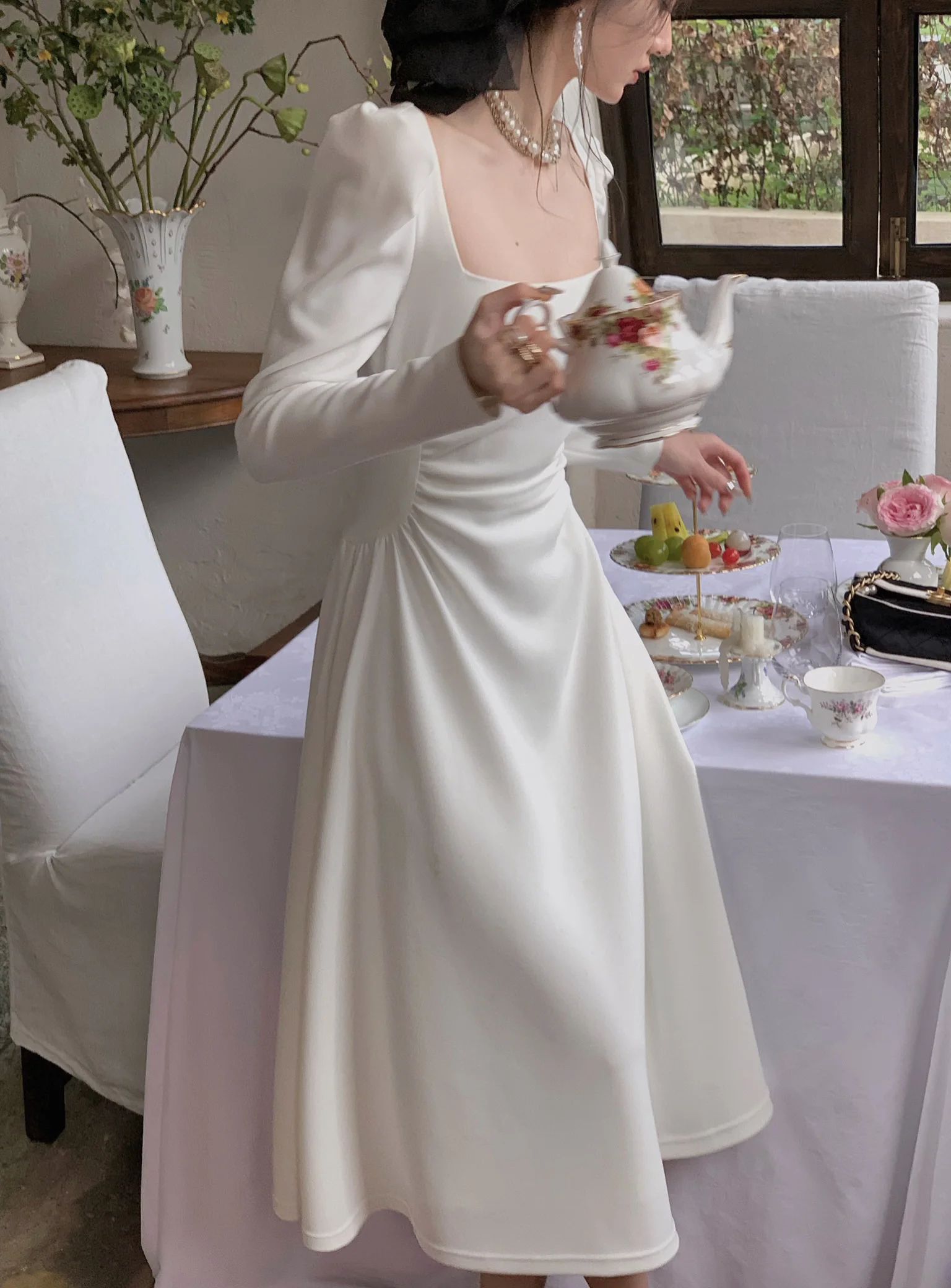 Spring New Elegant Square Collar Midi Party Dresses for Women Long Sleeve Black White Slim Vestidos Female High Waist Clothes