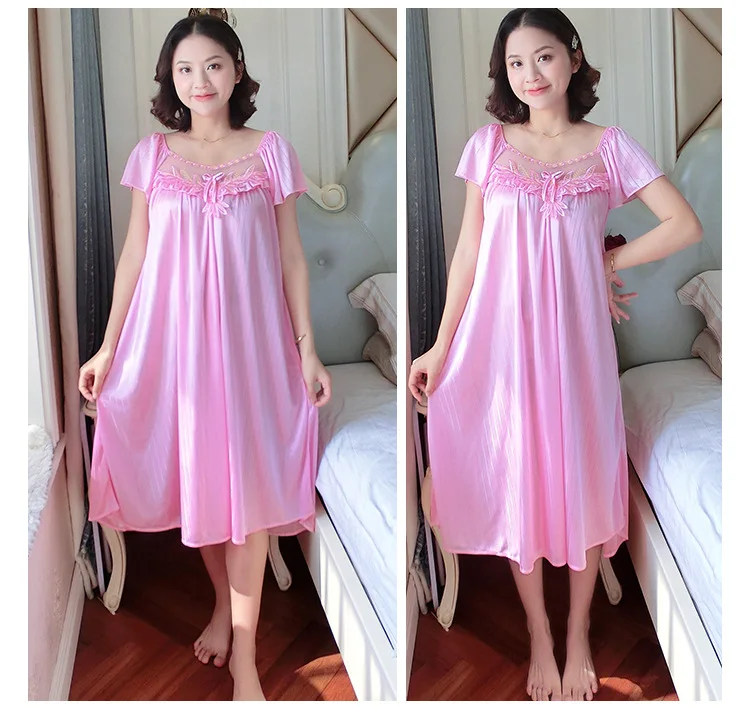 Ladies Nightdress Sexy Ice Lace Large Size Solid Color Flower Pajamas Thin Short-sleeved Lace Skirt Night Dress Women Dress