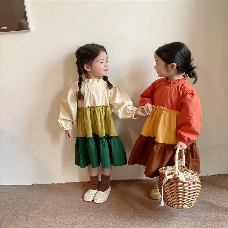 

Girls' Dress Color Matching Long Sleeved Dress Princess 2024 Spring and Autumn New Children's Clothing Girls Dress
