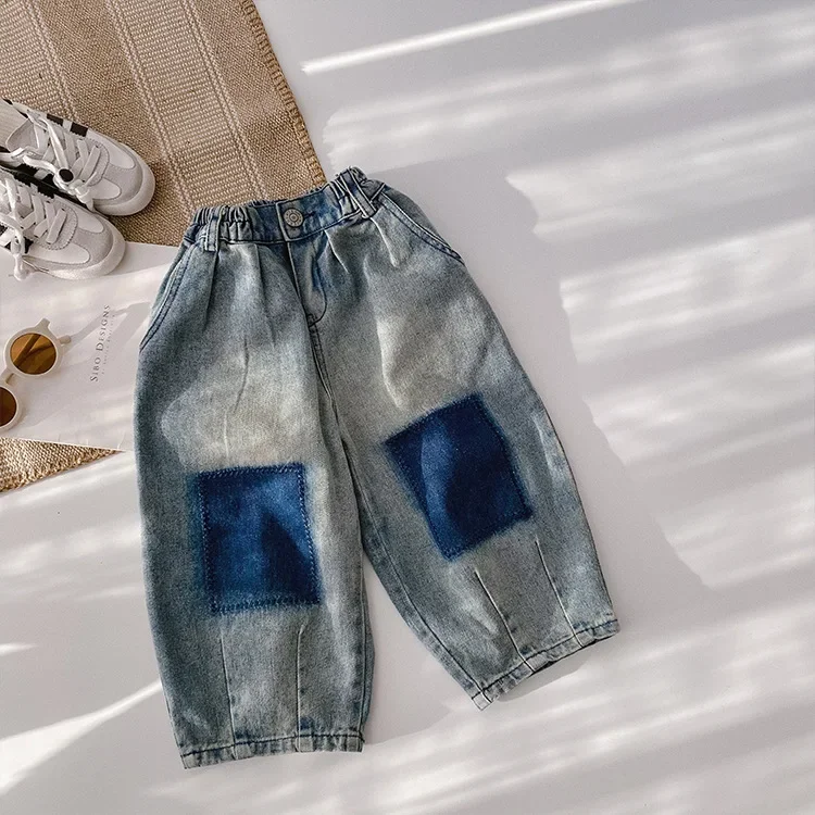 Korean style fashion patchwork jeans Boys fashion loose Sand washing denim pants 1-7Y