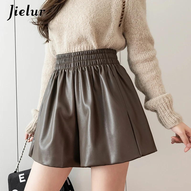 Mini Shorts Women Autumn Winter Chic Korean Elastic High Waist PU Leather Shorts Female Coffee Loose A-line Shorts S-XXL