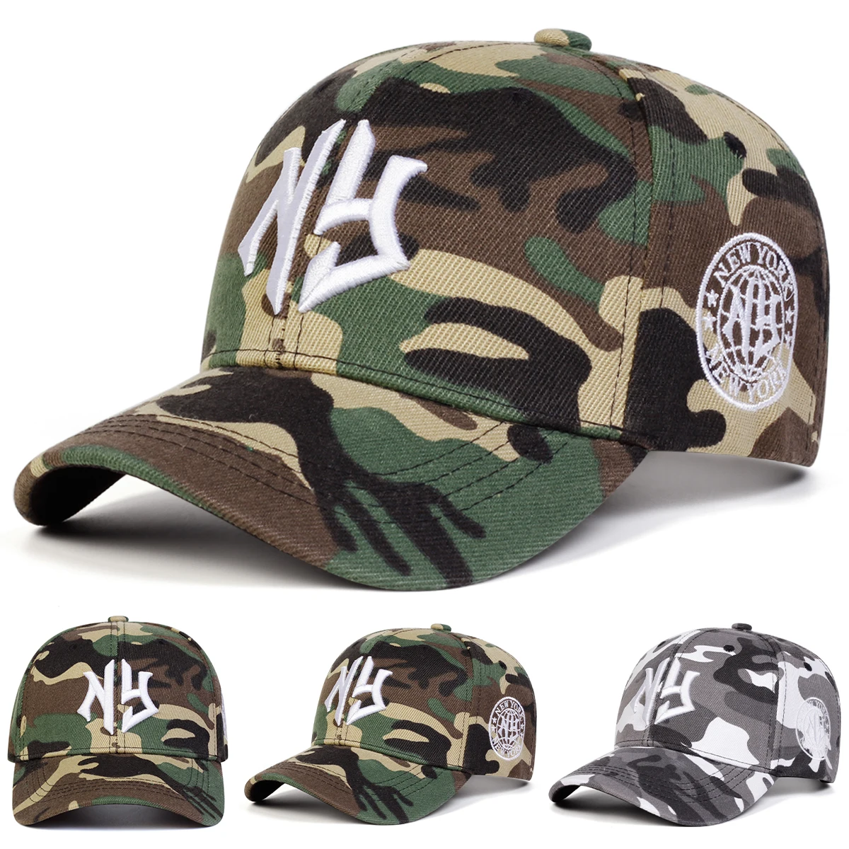 Casquette camouflage unisexe NY letter brodée pour pêche randonnée protection solaire été automne