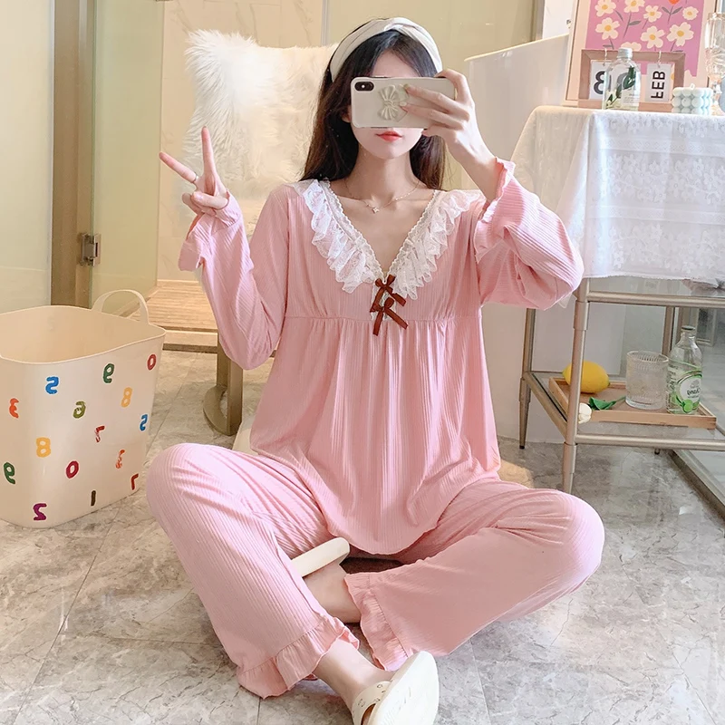2024 New Spring and Autumn Suit Pajamas Women's Combed Knitted Cotton Sweet Lovely Lotus Leaf Lace Casual Women's Home Wear