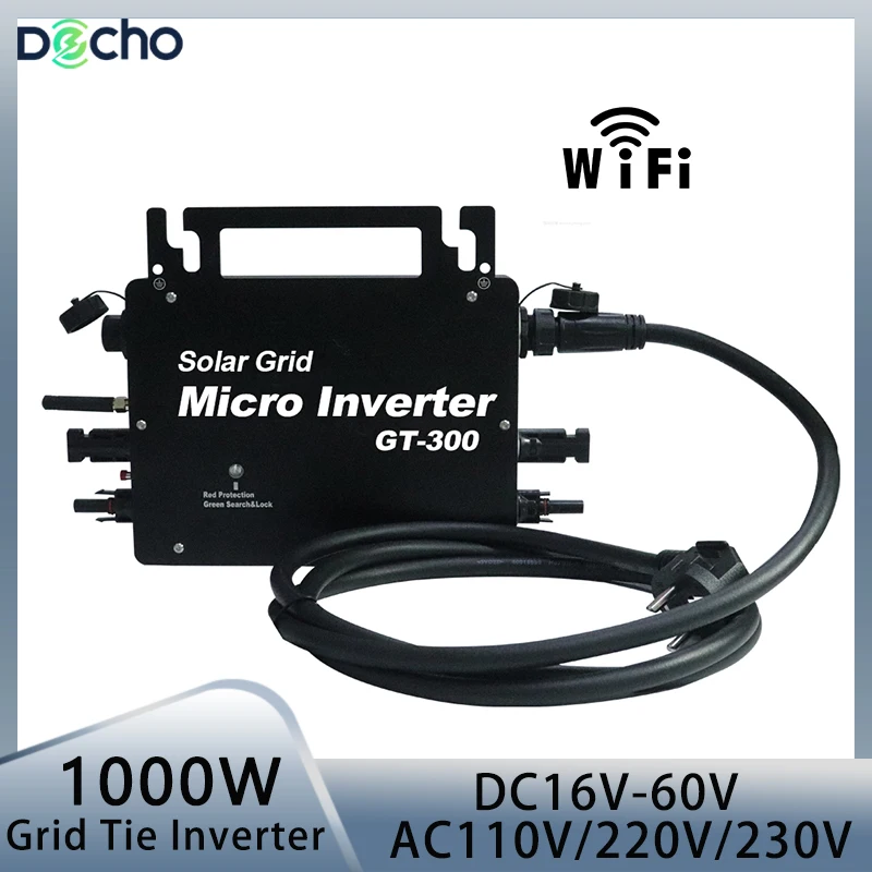 

1000W Solar On Grid Micro Inverter WVC800 Grid Tie Converter Input DC16V-50V to AC110V 220V Waterproof IP66 With WIFI