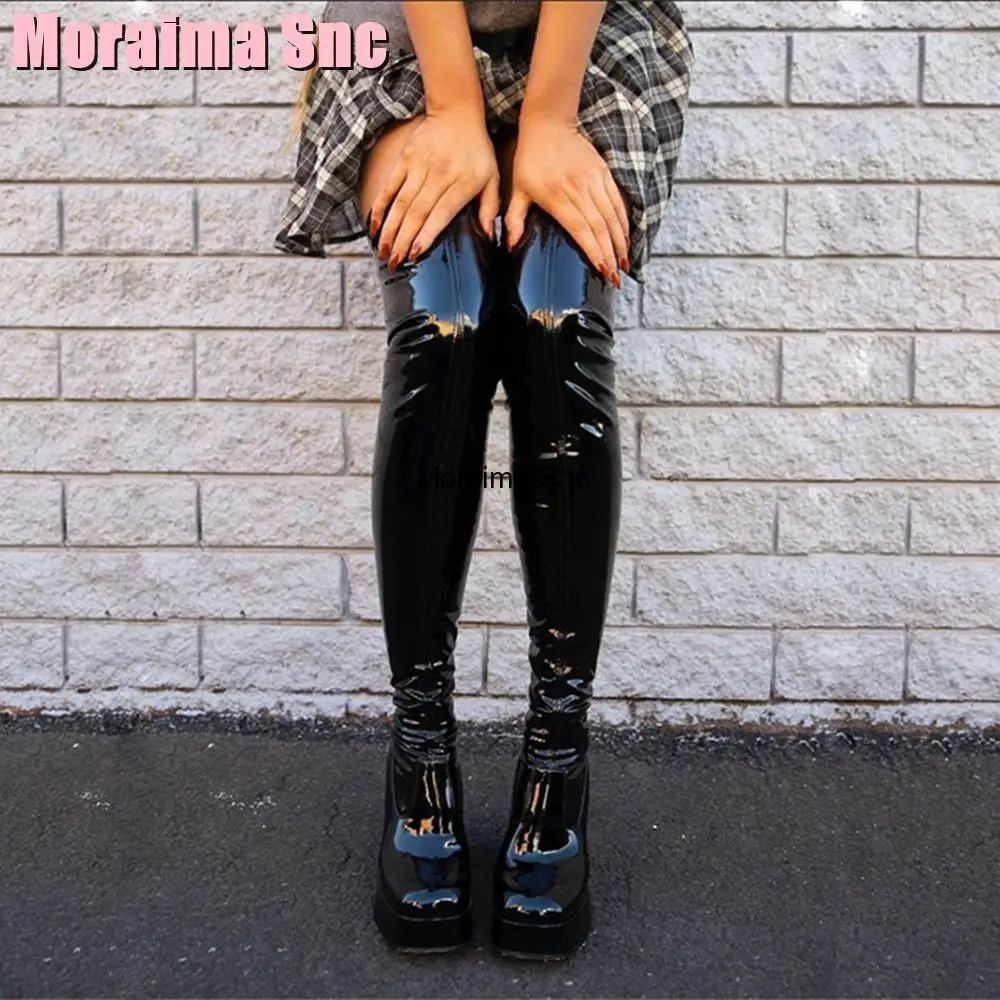 Patent Leather Platform Thigh High Boots Block Chunky Heel Square Toe Slip On Women Long Boots Black Sexy Fashion Nightclub New