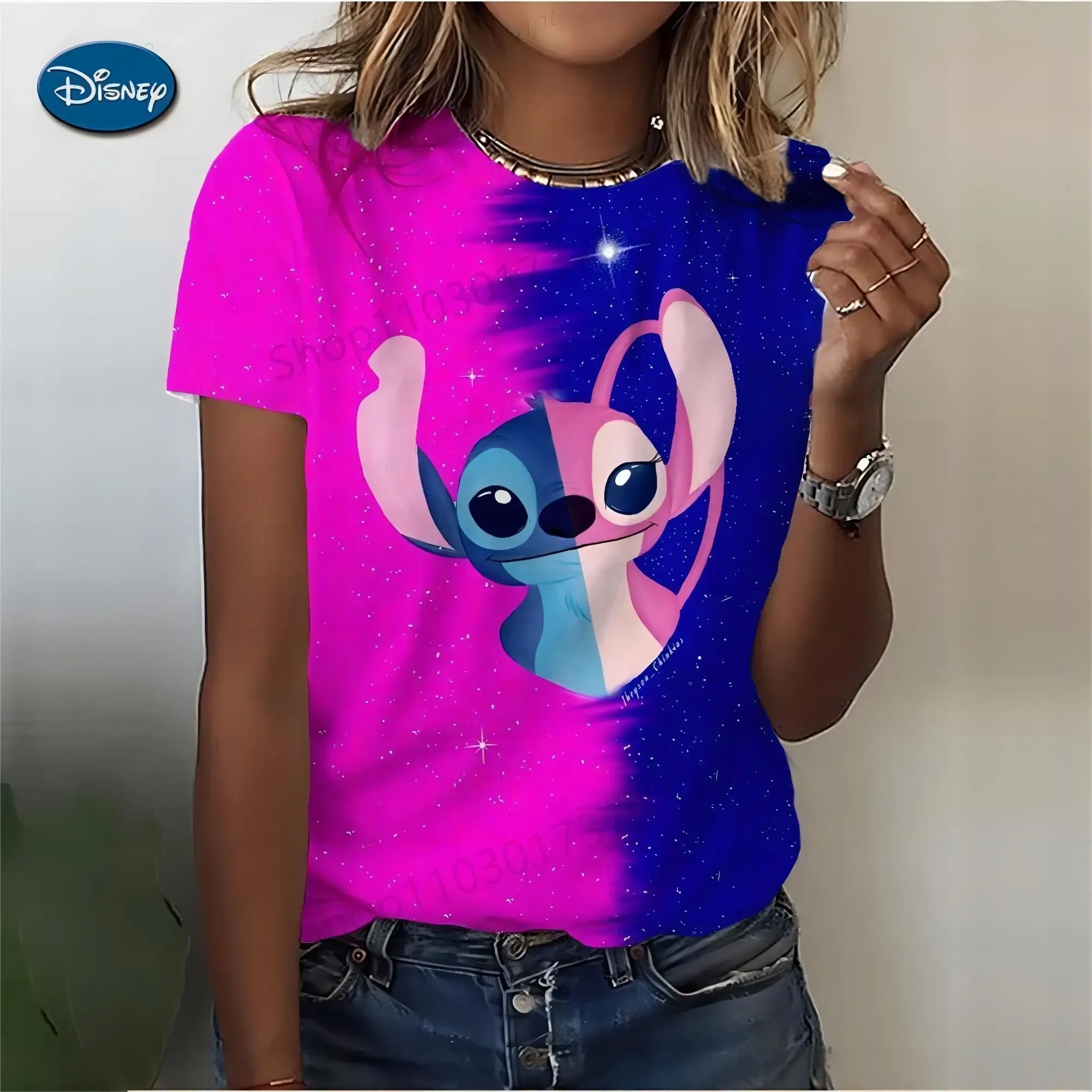 Mickey Mouse Stitch Print T-shirts Tops for Women Lady Summer Children T-shirts Casual O-neck Ohana Stitch Disney T-shirts 5