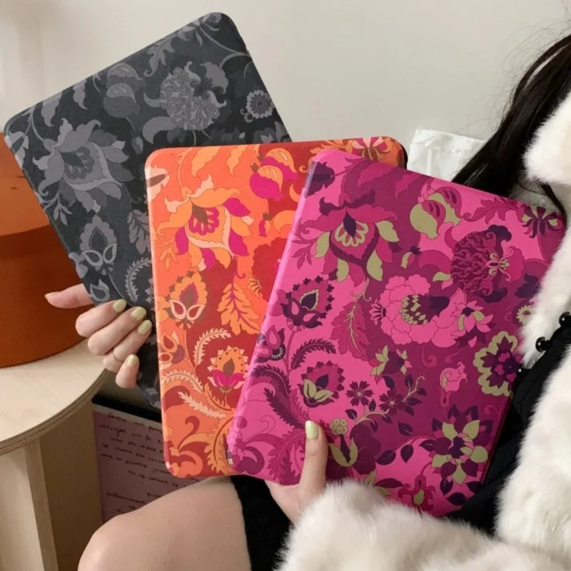360 Rotating Vintage Boho Floral Tablet Case with Pencil Holder