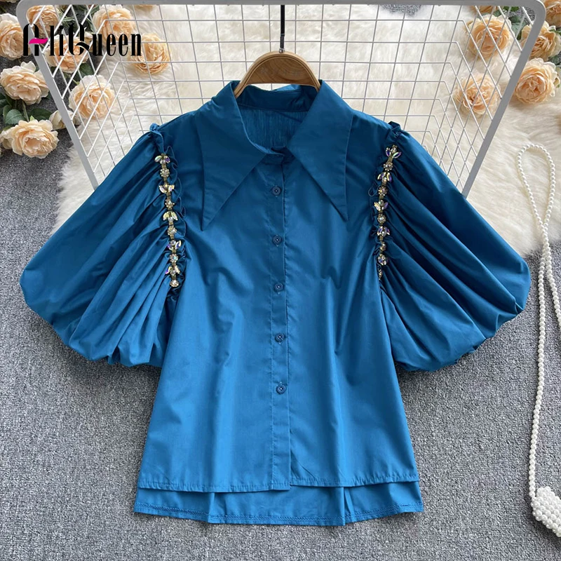 

Summer Women Short Lantern Sleeve White Patchwork Diamonds Button Up Shirts Lapel Korean Blouses Female Cropped Tops Blusas