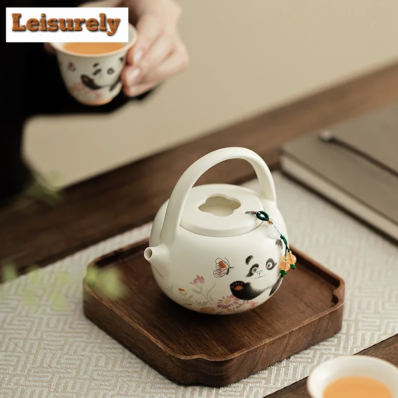 203ml Cream Ding Kiln Panda Playing Butterfly Teapot Elegant Tea Infuser Pot Tea Soaking Kettle With Strainer Tea Services Gift