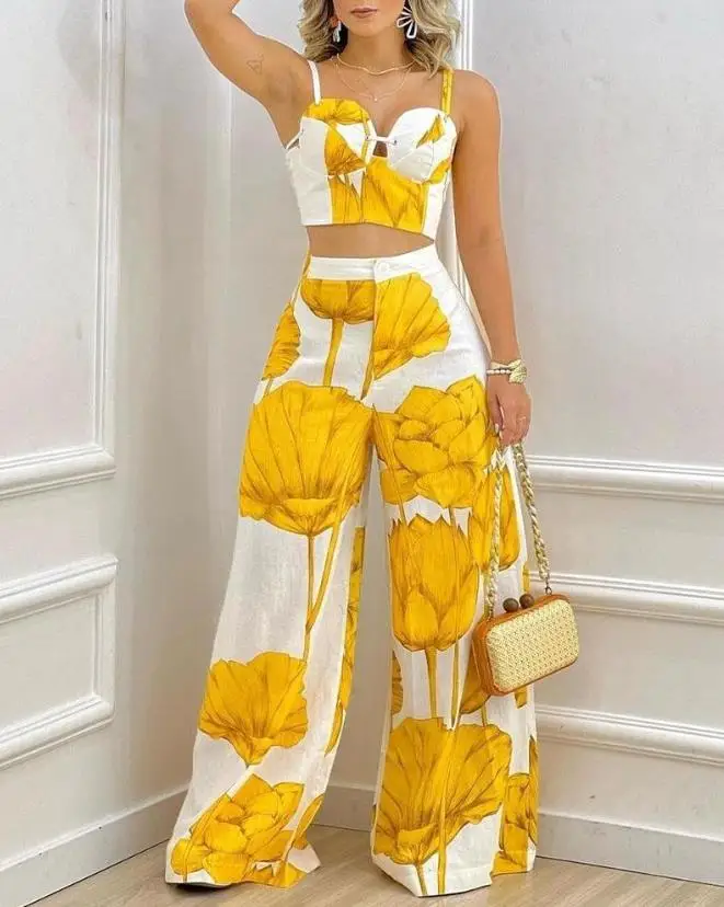 Two Piece Sets Womens Outifits 2023 Spring Fashion Plants Print Sleeveless Crop Cami Top & Casual Wide Leg Vacation Pants Set