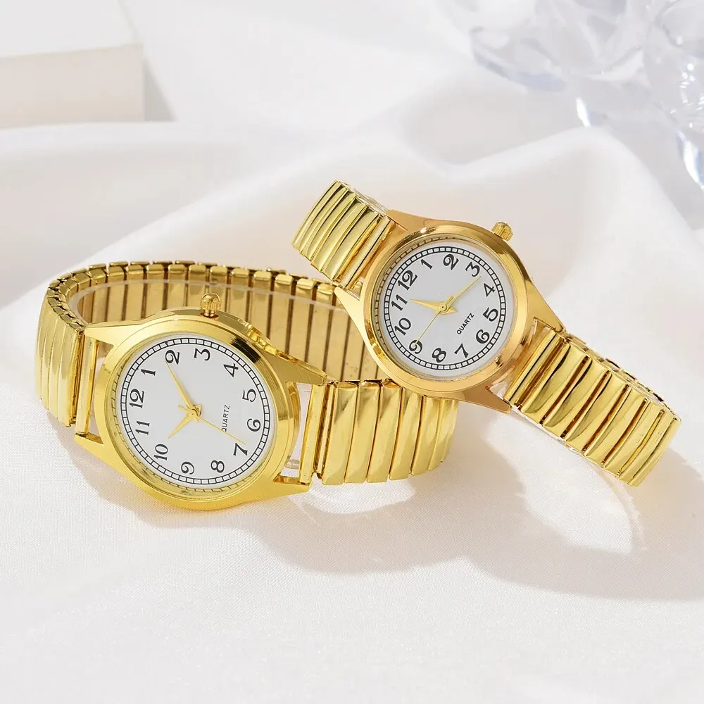 541343-90f344.jpg 2 PCS Of Gold Retro Round Pointer Quartz Watch Classic Simulation Elastic Band Watch Suitable For Both Male And Female Couples - Image 1