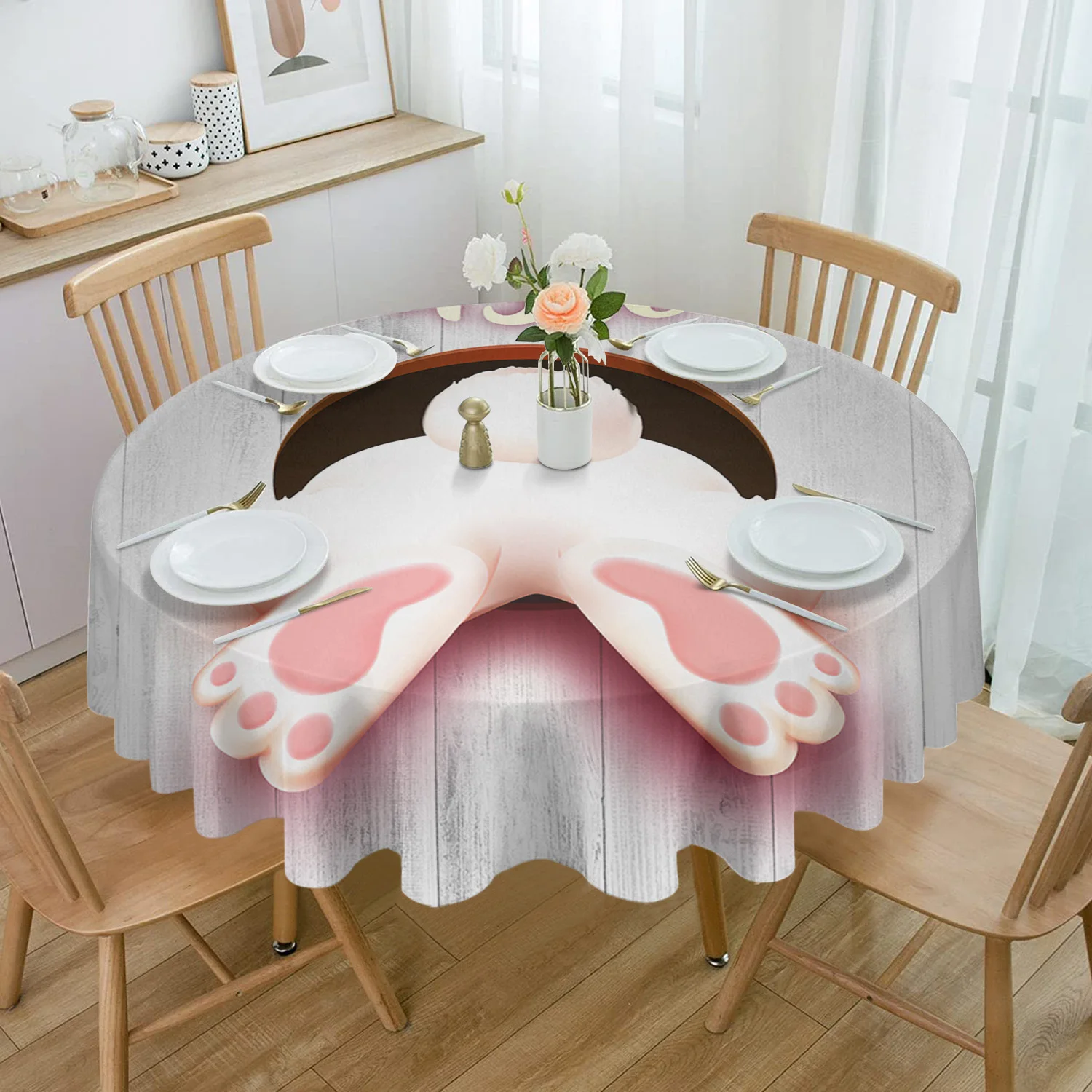 

Easter Bunny Butt Wood Grain Round Table Cloth Festival Dining Waterproof Tablecloth Table Cover for Party Decor Picnic Mat