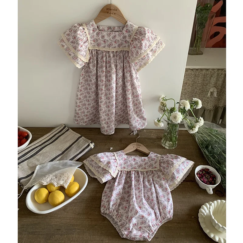 Family Matching Sister Outfit Kids Summer New Baby Girls Clothes Girl Dress Short Sleeve Floral Lace Baby Romper Princess Dress 5