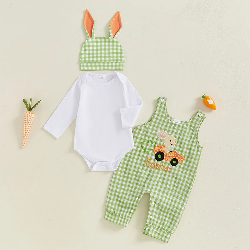 3pcs Sets 0-18M Infant Baby Boy Easter Outfit Spring Long Sleeve Romper Bunny Embroidery Plaid Overalls Rabbit Ears Hat Tregren