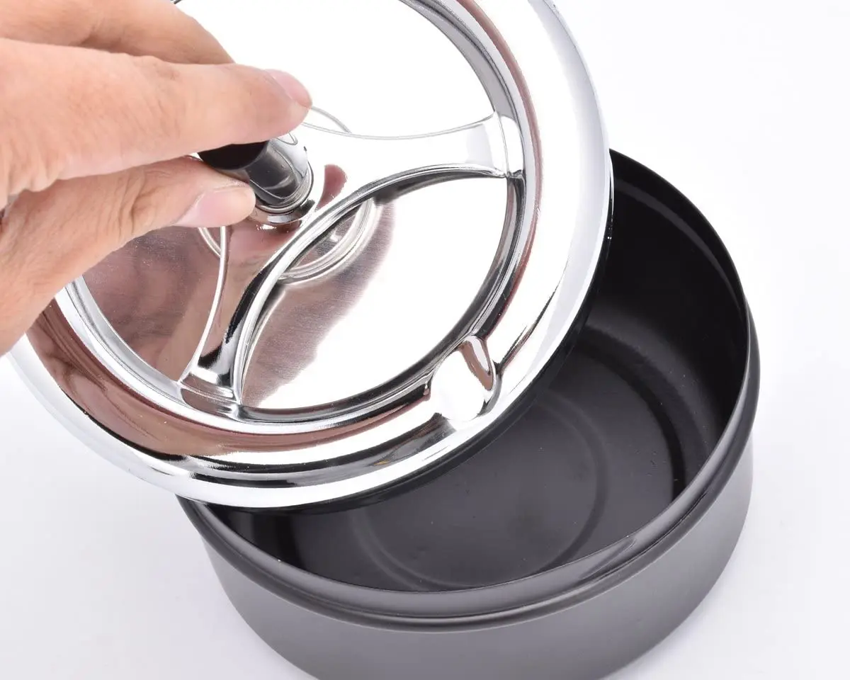 Round Push Down Spinning Metal Ashtray with Cigarette Cigar Smoking Smoke Ash Tray-Black metal ashtray cigarettes ashtray