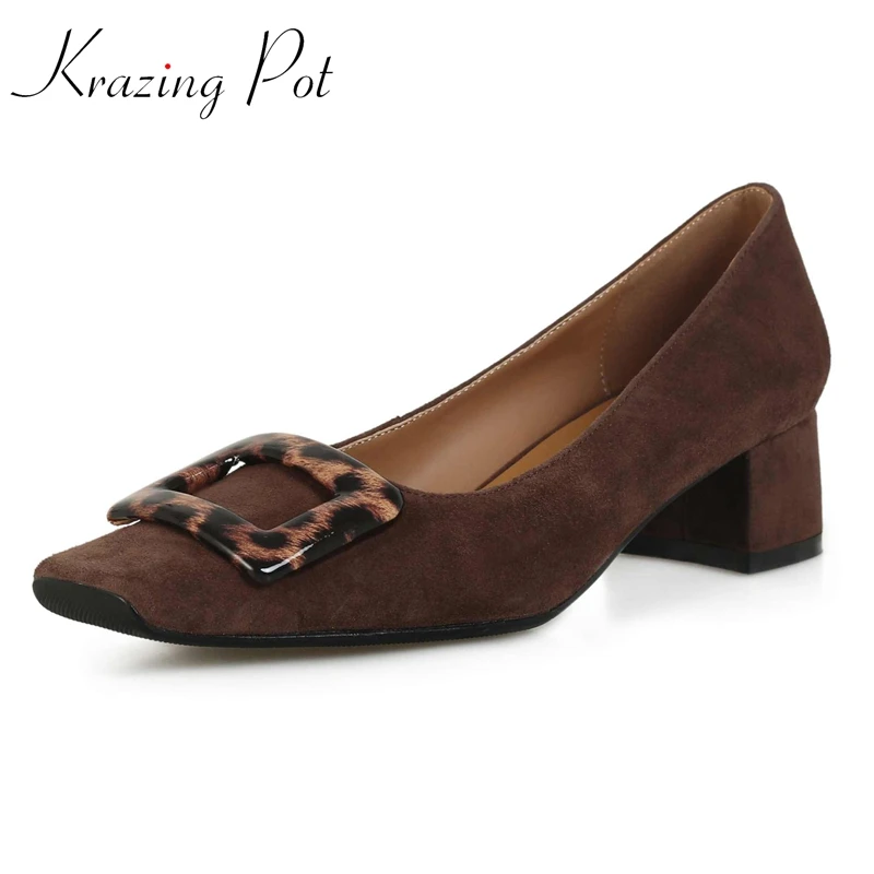 

Krazing Pot Sheep Suede Square Toe Med Heel Leopard Print Young Lady Dress Fashion Cozy Shallow Slip on Brand Women Pumps L00