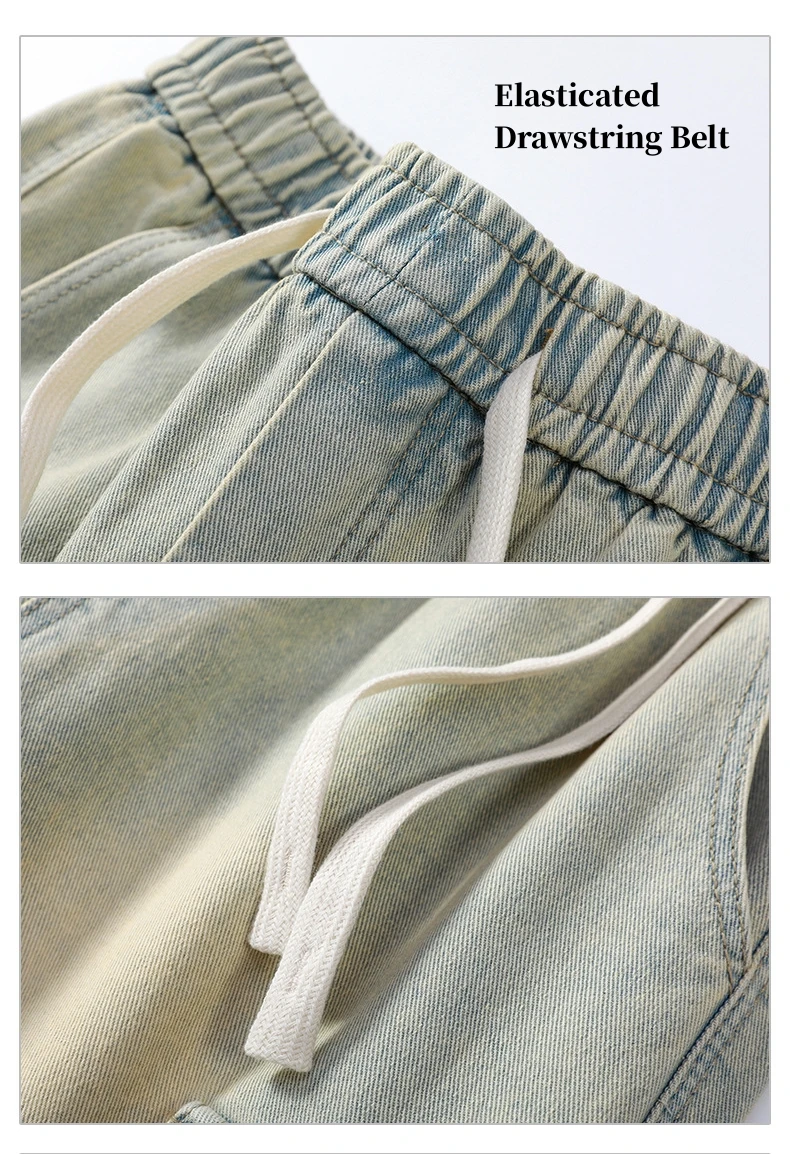American Style Multi-Pocket Workwear Denim Shorts Men's Elasticated Drawstring Waist Loose Straight Leg Five Pants