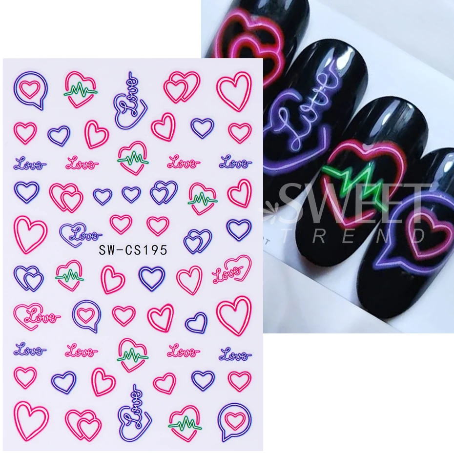 3pcs Cartoon Heart Nail Stickers Colorful Gradient Dripping Love Heartbeat Adhesive Nail Decals DIY Valentine's Manicure Decor